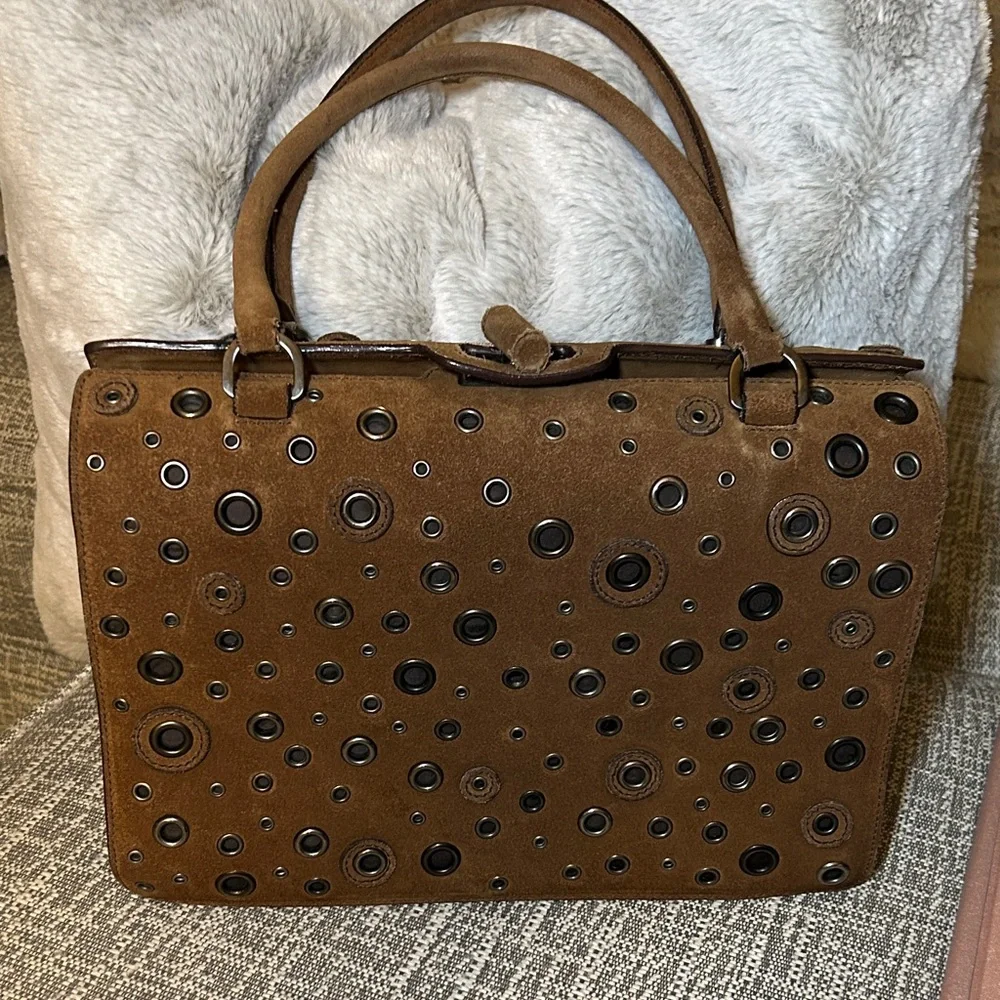 353. Prada Brown Suede Grommet Frame Shoulder Bag/coa
